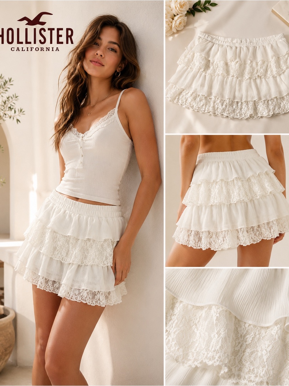 Hollister Ivory Lace Tiered Ruffle Skort M Boho Coquette Mini Skirt Festival C7